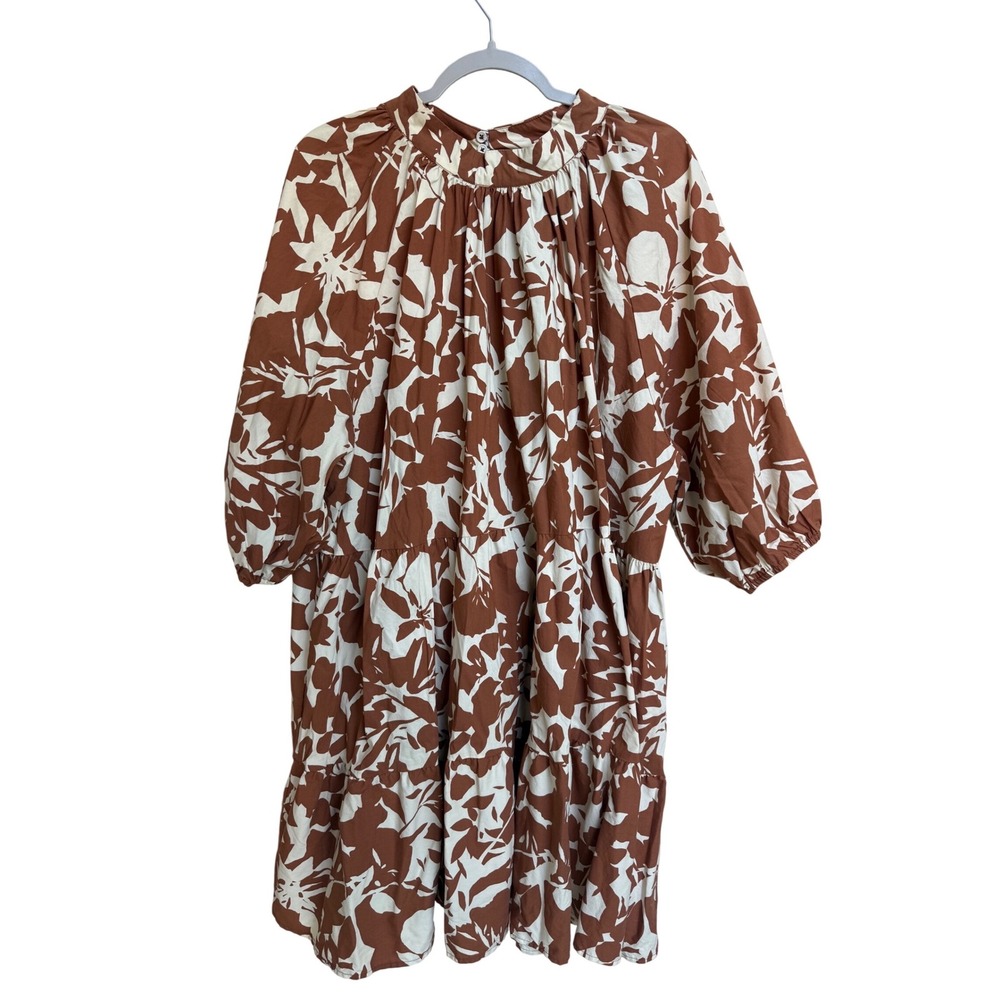 Eloquii Brown White Floral Tiered Mini Dress Plus Balloon Sleeve Boho Size 26/28